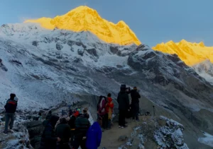 Annapurna Base Camp and Mountain Annapurna Shining during Sunrise