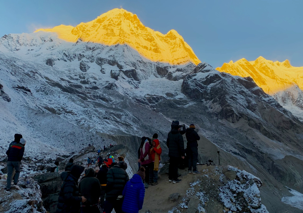 Annapurna Base Camp and Mountain Annapurna Shining during Sunrise