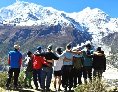 Annapurna Circuit Trekking Destination Nepal and Trekkers Enjoying the Annapurna Himalayas