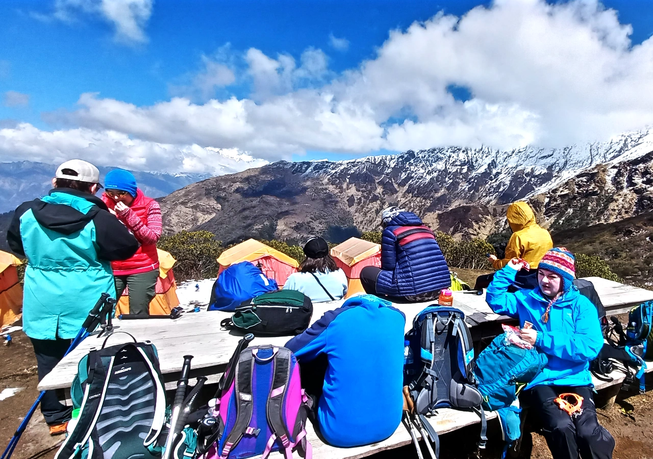 Trekkers enjoying the scenery and trekking moment on the khopra danda trekking trail nepal