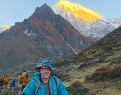 Magnificent sunrise over the himalayas during langtang valley trek nepal
