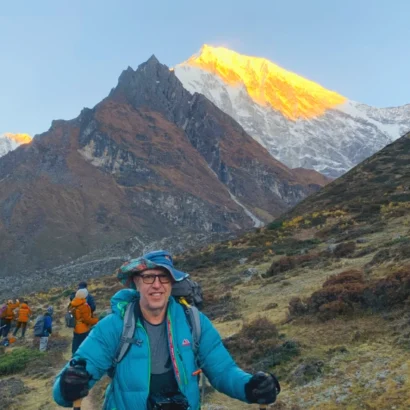 Magnificent sunrise over the himalayas during langtang valley trek nepal