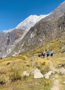 Trekkers enjoying the Langtang Valley Trek with views of Langtang mountain in Nepal