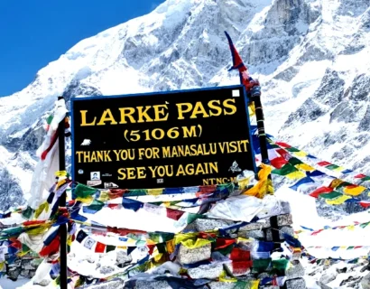 Manaslu Circuit Trekking Trail with Larke Pass and Himalayas in the Background