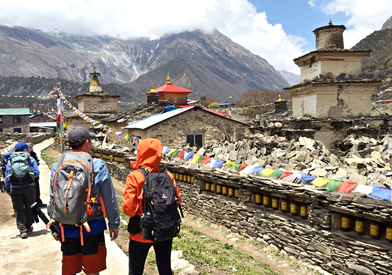 Manaslu Circuit Trekkers are enjoying the local monuments at Samagaun Manaslu Nepal