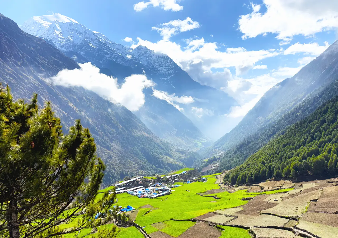 Tsum Valley Trek with wide valley and mountain view