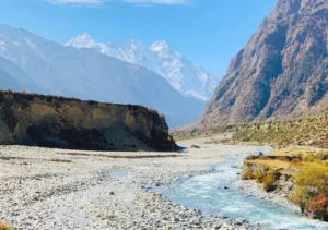 Tsum Valley Trek trail with spectacular mountain and wide valley view