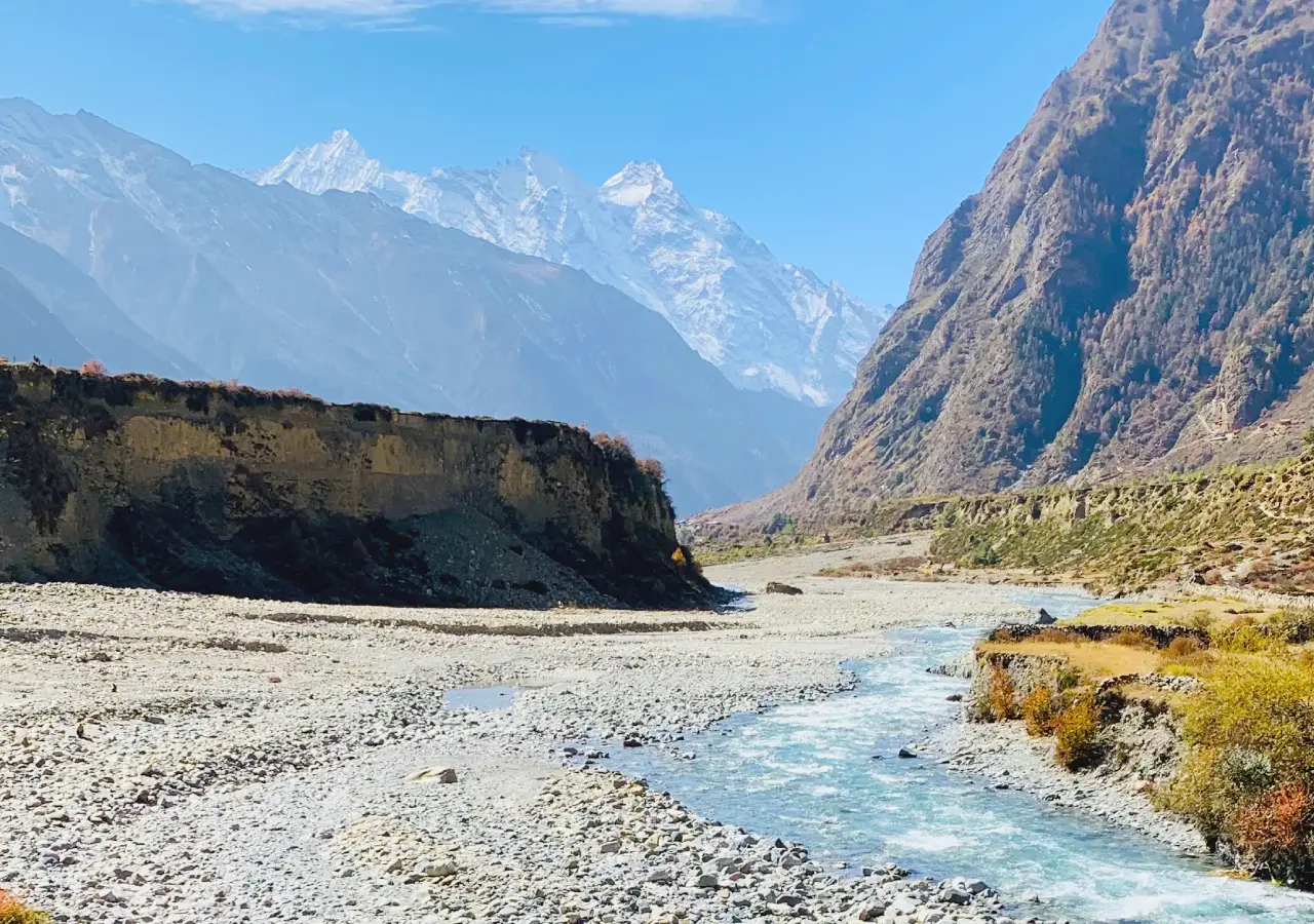 Tsum Valley Trek trail with spectacular mountain and wide valley view