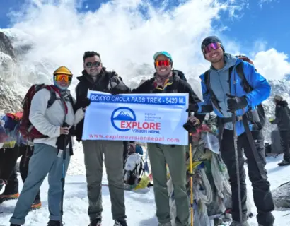 Gokyo Chola Pass EBC Trek with Chola Pass top and trekking group of Explore Vision Nepal enjoying the mountain view