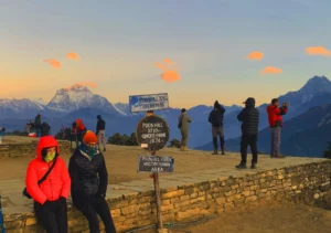 Trekkers enjoying sunrise and Mountain View on Poonhill Annapurna View Trek