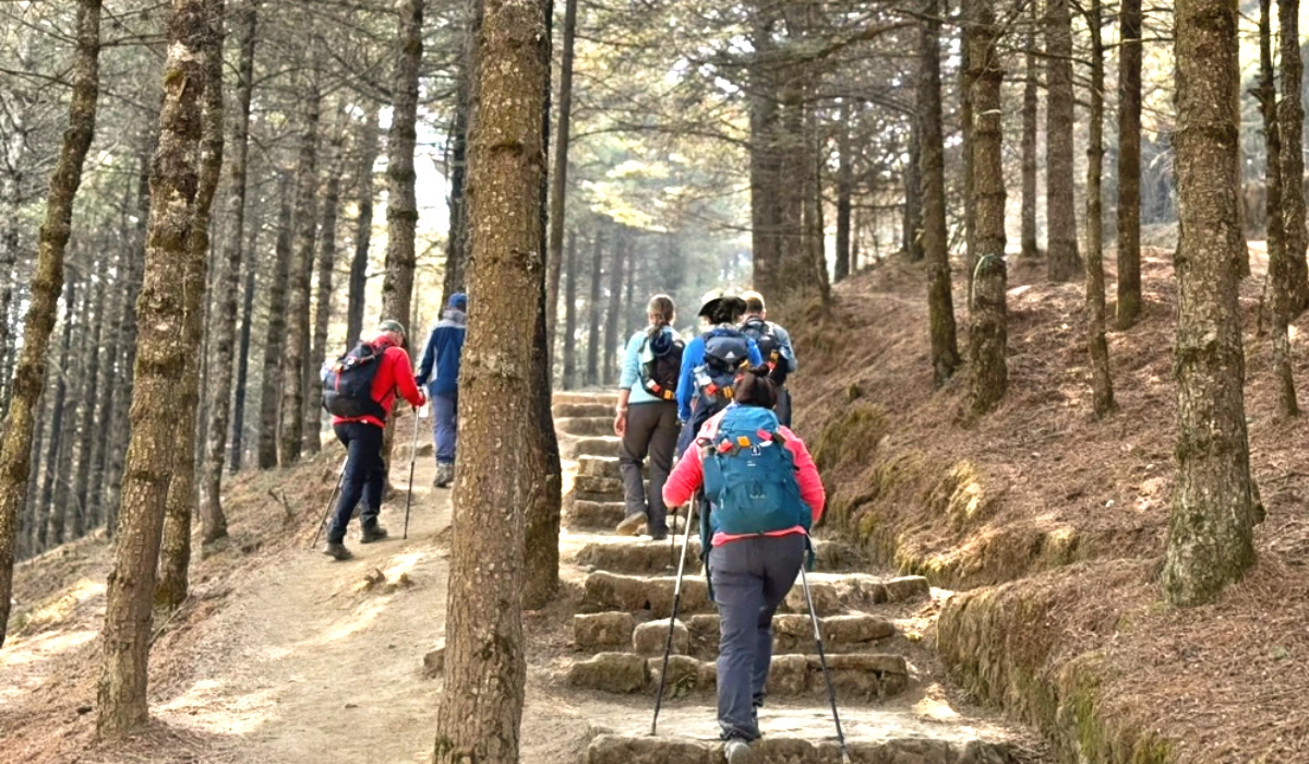 Trekkers enjoying hiking on short beginner friendly trail in Nepal
