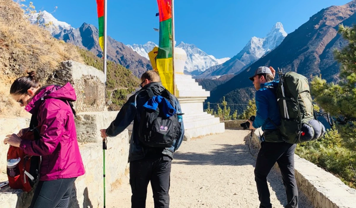 Trekkers enjoying beautiful day trekking in everest region nepal