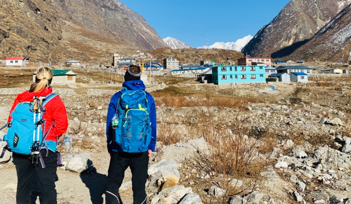 Langtang valley trekking trail and trekkers enjoying the hike around langtang village 