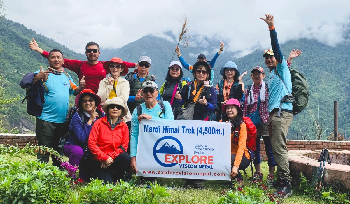 Mardi himal trekking trail and group picture with mountain scenery nepal