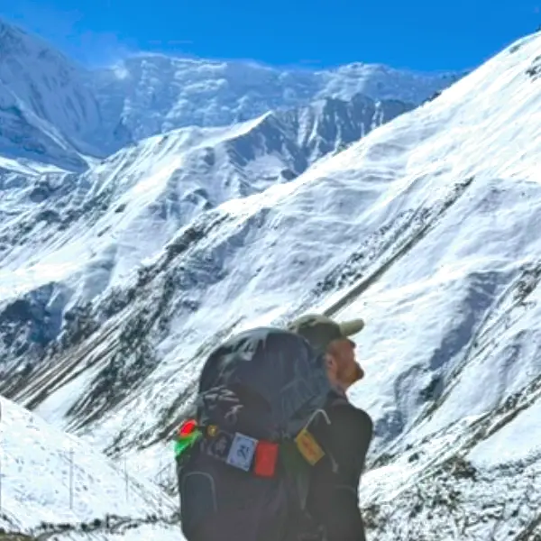 High altitude trekking in nepal with high himalayan valley and landscape
