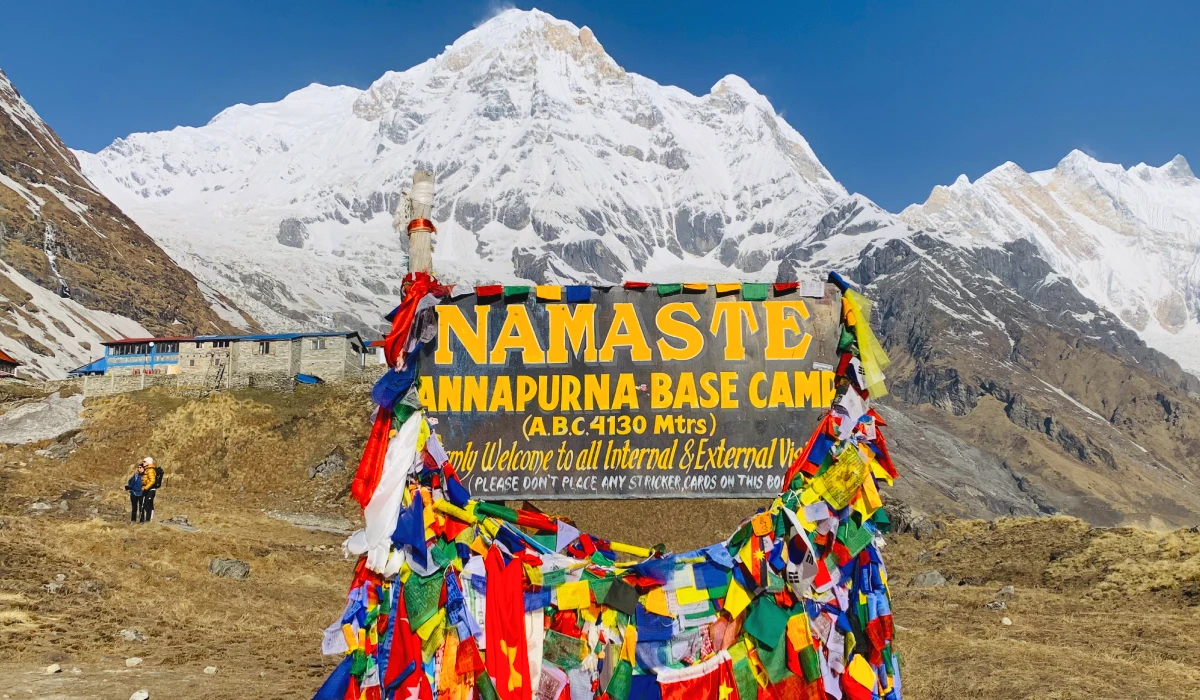 Annapurna base camp trekking trail and annapurna mountain with himalayan peaks nepal