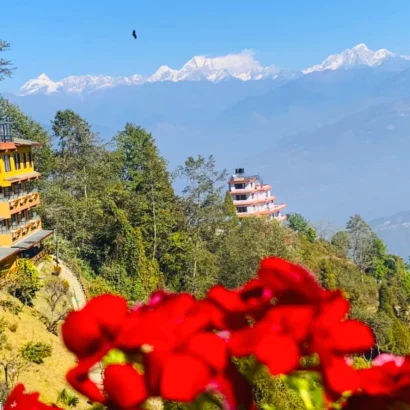 Chisapani nagarkot hiking trail nepal and panoramic mountain view with beautiful flower