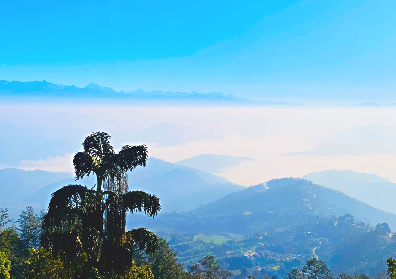 Beautiful landscape during chisapani nagarkot hiking nepal and snow capped mountain