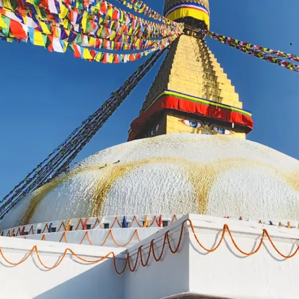 Boudhanath Stupa and Bhuddhist pilgrims in Kathmandu Nepal