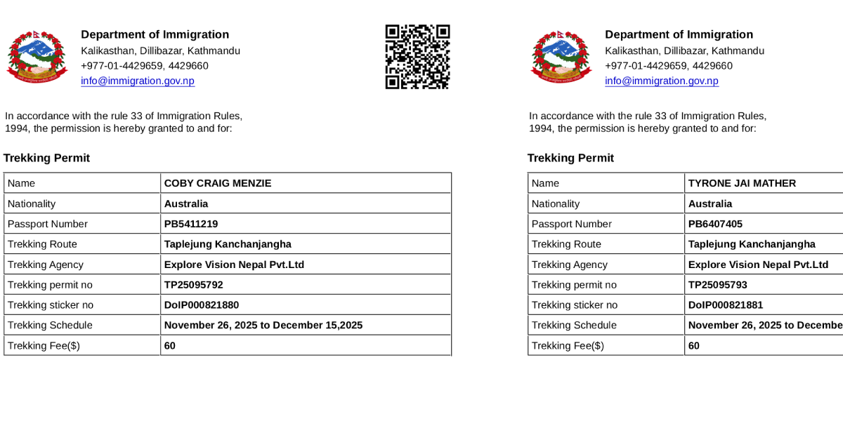 Restricted area permit update 2026 - Solo Trekkers Allowed, a sample of issued permit for kanchenjunga circuit trek 