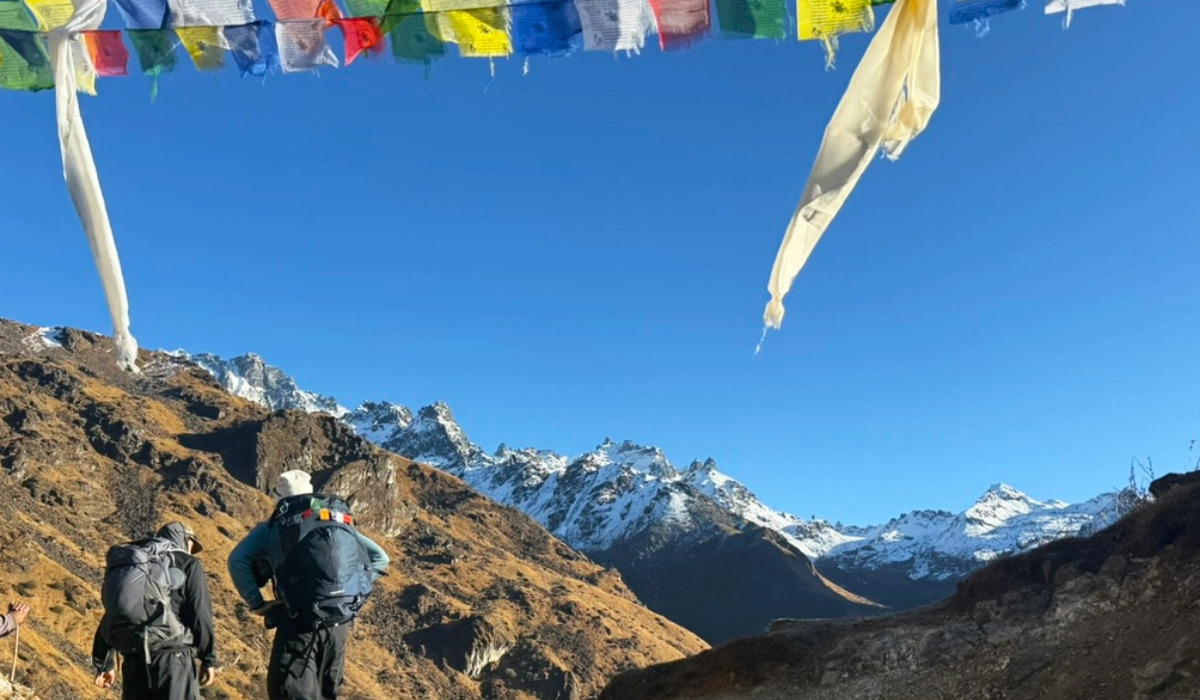 Kanchenjunga himalayas panorama wide landscape with colorful prayer flags 