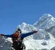 Kanchenjunga mountain view with blue sky during kanchenjunga circuit trek
