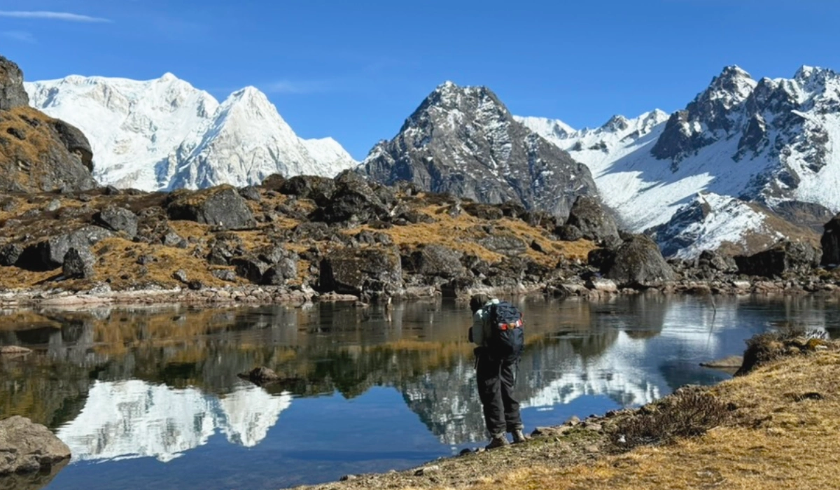 Stunning view of Kanchenjunga Himalayan range and landscape during the trekking season 