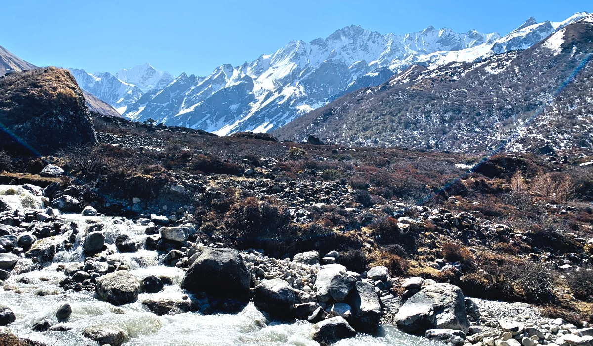 Beautiful Himalayan mountains and river valley in Langtang National Park 