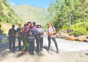 Scenic Short Langtang Valley Trekking region and group of trekkers enjoying nature around