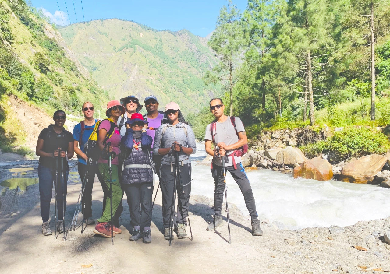 Scenic Short Langtang Valley Trekking region and group of trekkers enjoying nature around