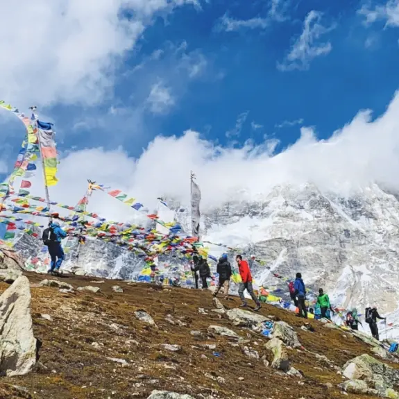 Short Langtang Valley Trekking route and Dramatic mountain, valley, prayer flags and landscape view from the top of Tsergo ri viewpoint