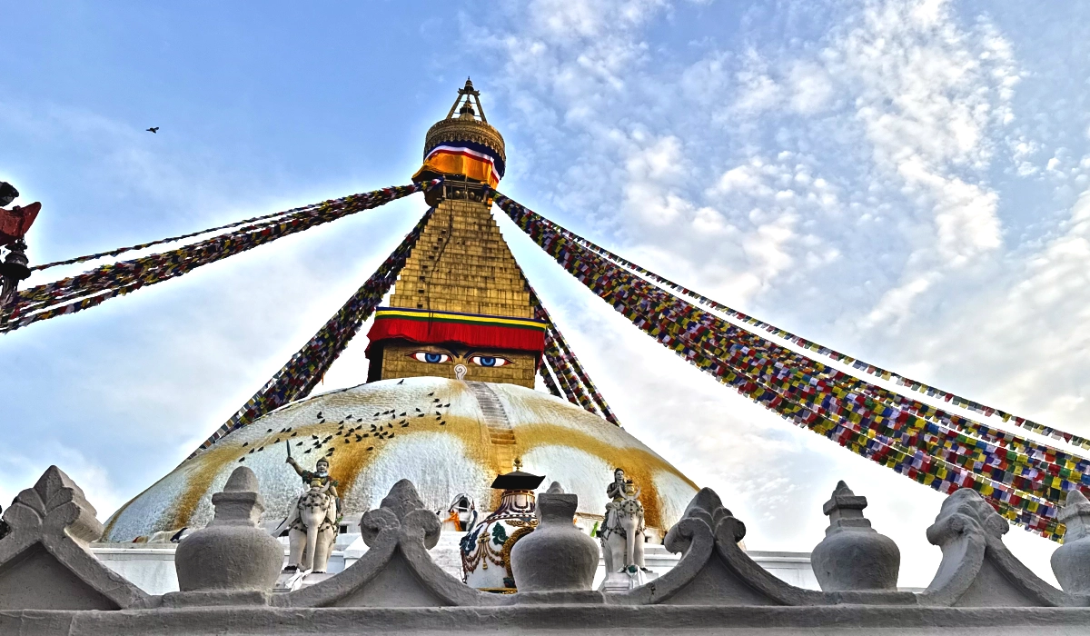 Boudhanath Stupa in Kathmandu Nepal with colourful prayer flags and attractive monuments 
