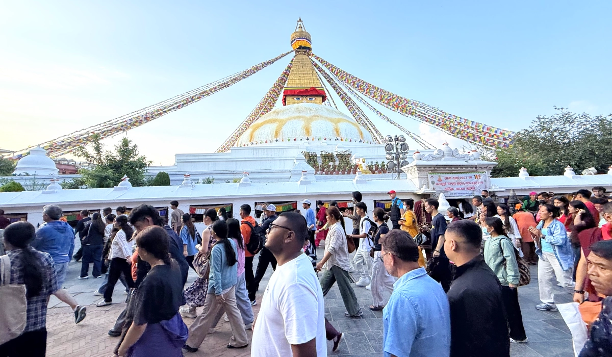 A wide view of Boudhanath Stupa in Kathmandu, Nepal