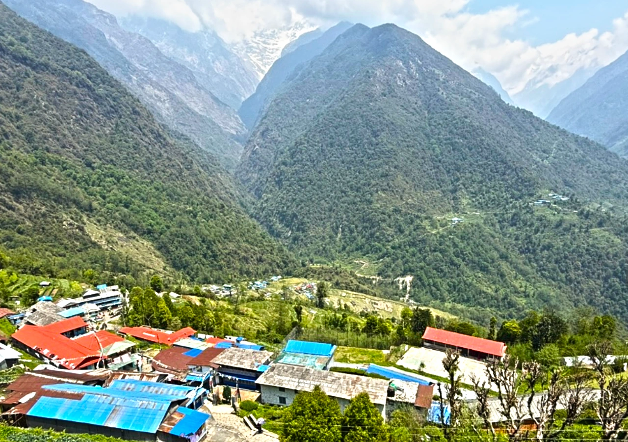 Beautiful Chhomrong village overlooking Annapurna and Short Annapurna Base Camp route through Sinuwa Village