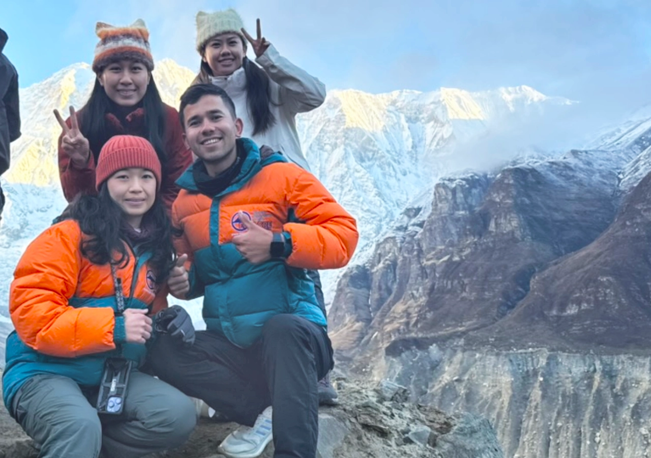 Trekkers enjoying the beautiful morning with sunrise at Annapurna Base Camp Nepal
