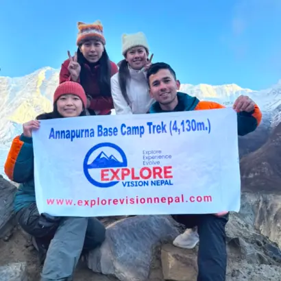Short Annapurna Base Camp Trek with spectacular Mount Annapurna and Trekking group from Explore Vision Nepal enjoying it