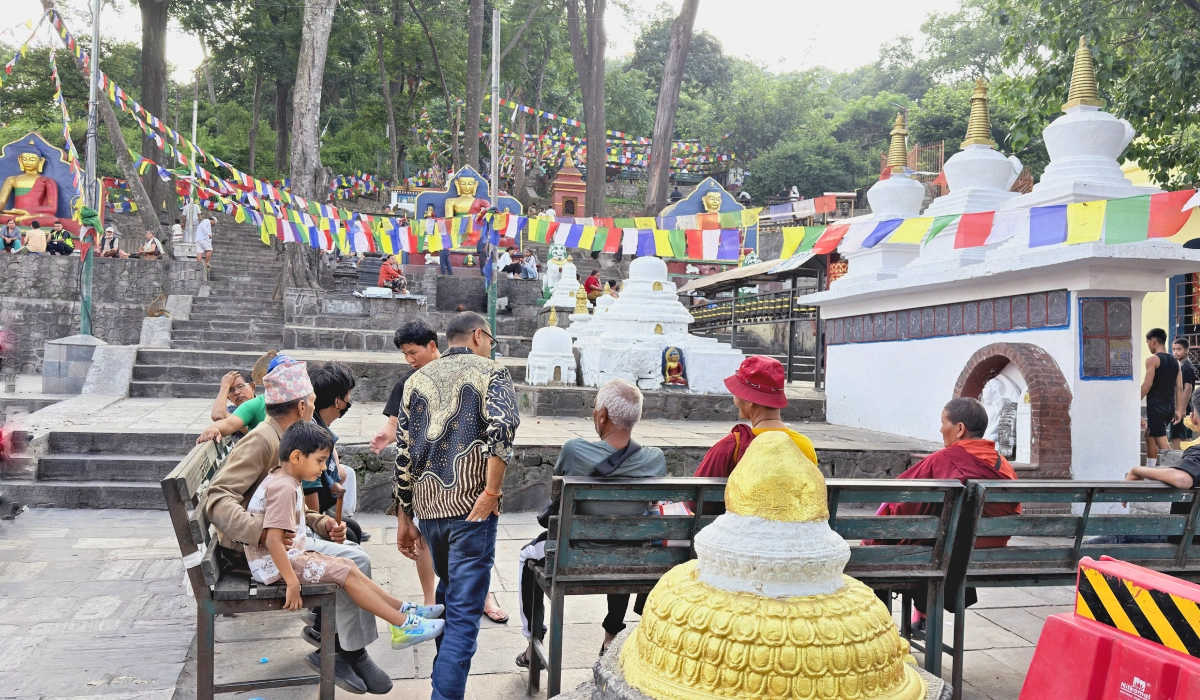 One of the main entrance to Swayambhunath stupa, Stairs leading to the the temple located on the top. 