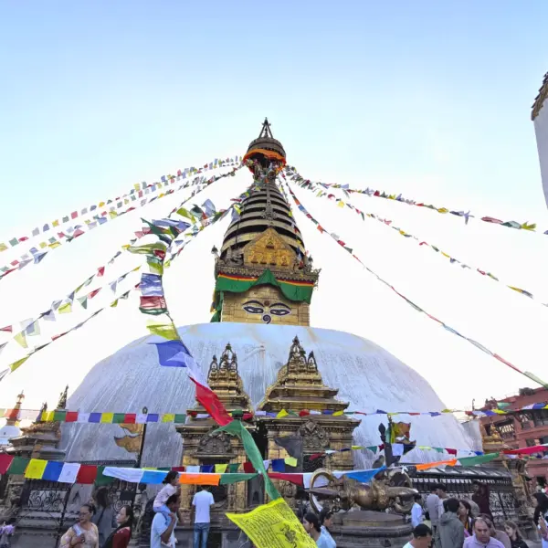 Swayambhunath Stupa and temples overlooking Kathmandu valley Nepal
