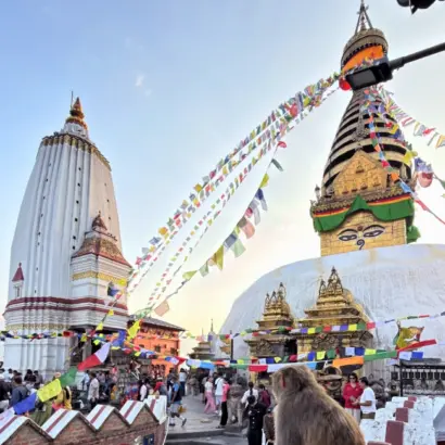Swayambhunath temple in Nepal with golden stupa and monuments