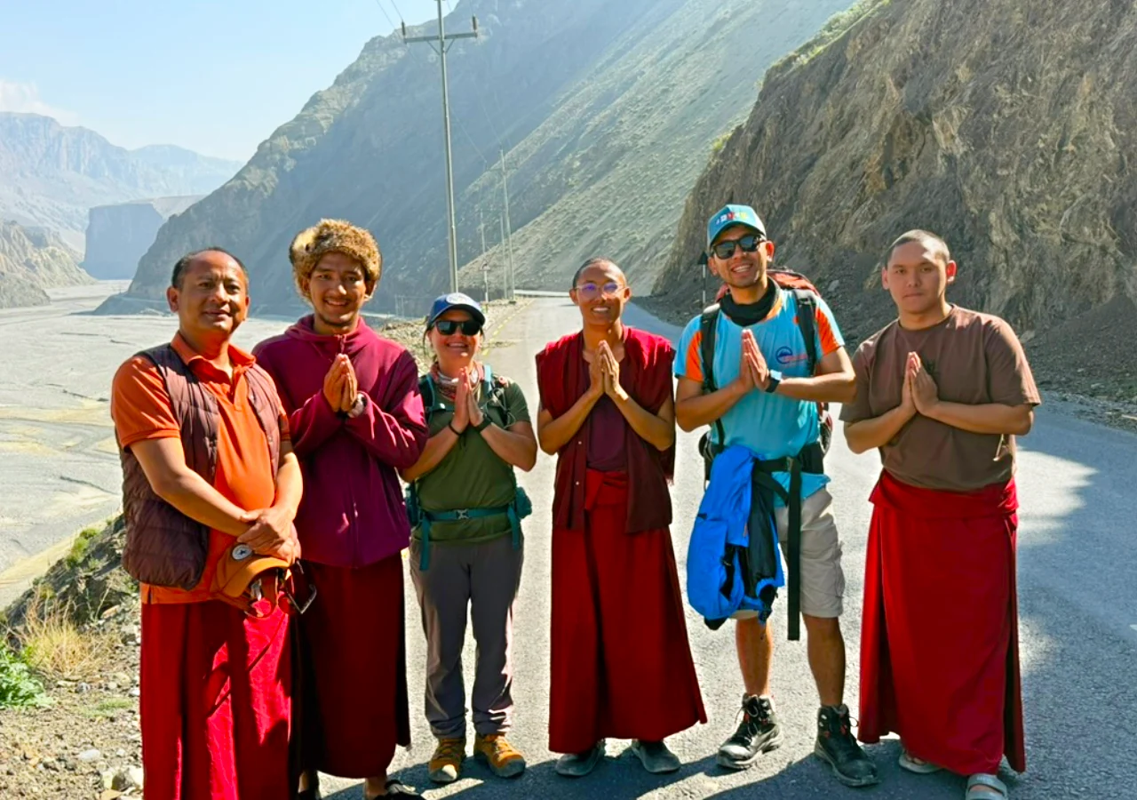 Upper Mustang Trek group with Buddhist monks in the Mustang region of Nepal