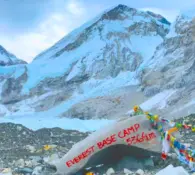 Everest Base Camp height at 5,364 meters with the famous EBC rock in the Everest Nepal