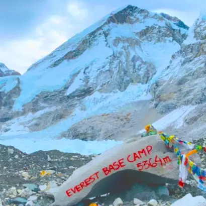 Everest Base Camp height at 5,364 meters with the famous EBC rock in the Everest Nepal