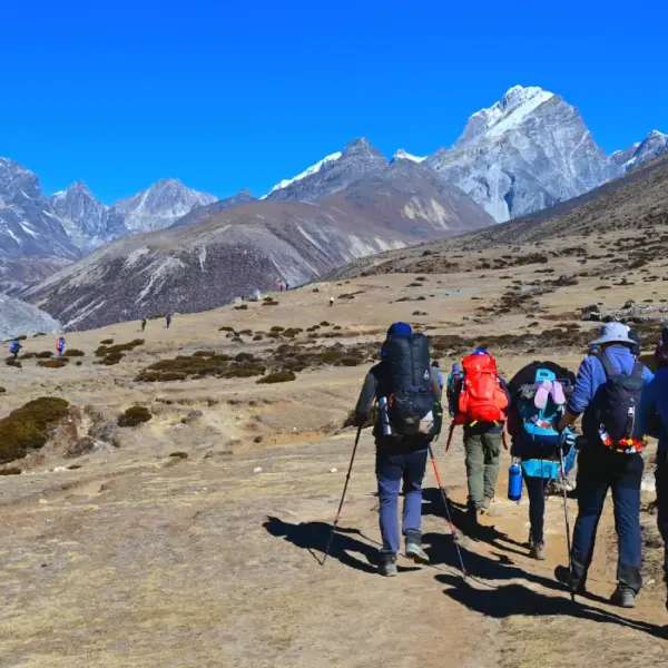Everest Base Camp Trek difficulty on the rugged trail above Dingboche in the Khumbu region Nepal, this section of the trail offers good view of mount Lobuche