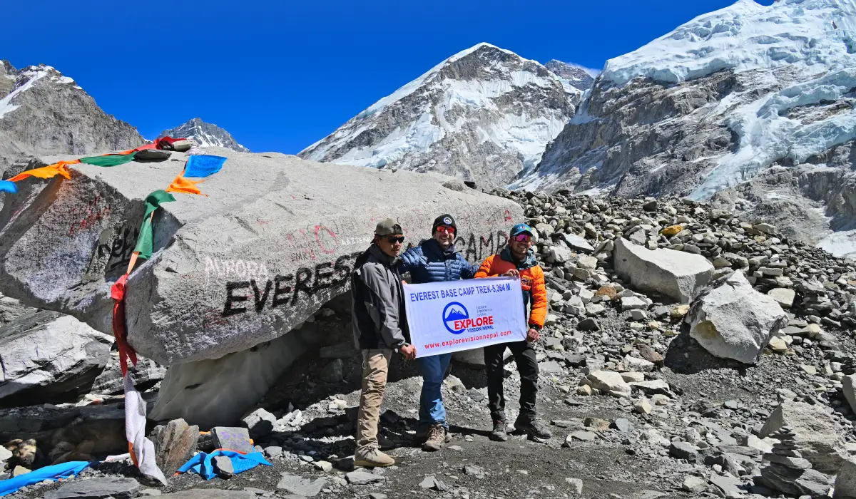 Explore Vision Nepal team at Everest Base Camp after completing the trek