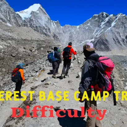 Trekkers walking the Everest Base Camp trail surrounded by the Himalayas near EBC Nepal