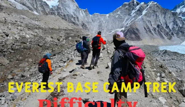 Trekkers walking the Everest Base Camp trail surrounded by the Himalayas near EBC Nepal
