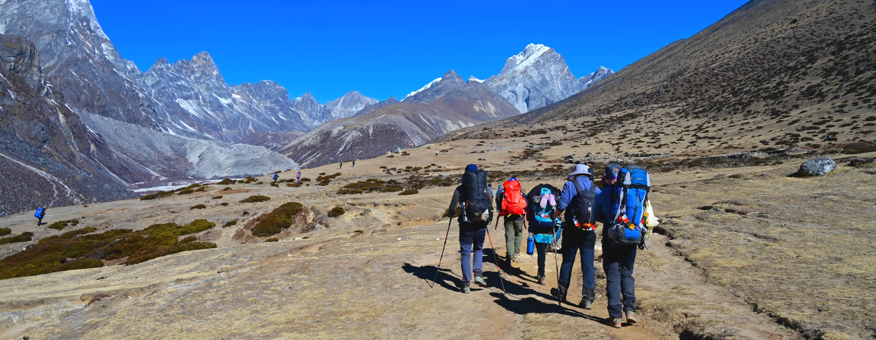 Everest Base Camp Trek difficulty on the rugged trail above Dingboche in the Khumbu region Nepal, this section of the trail offers good view of mount Lobuche