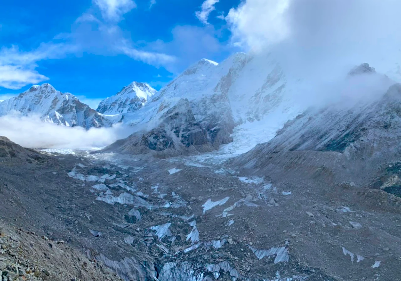 Khumbu Glacier with snow-covered Himalayan peaks on the Everest Base Camp Trek