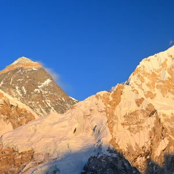 Mount Everest viewed from Kala Patthar with the Himalayan mountain range including towering mount Nuptse