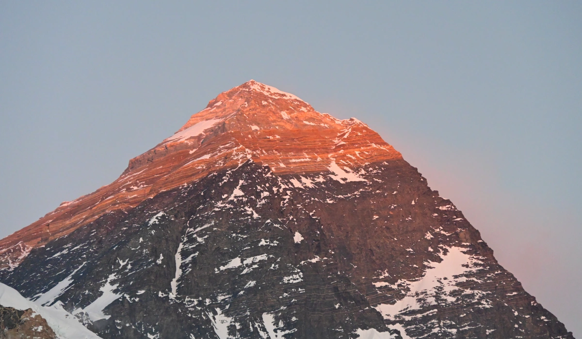 Close-up view of Mount Everest showing the world's highest peak perfectly in the Everest Himalayan region Nepal